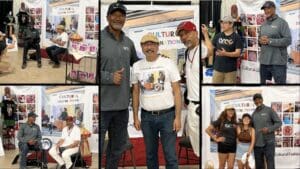 A collage of images featuring a man posing with various individuals at a cultural event or convention.